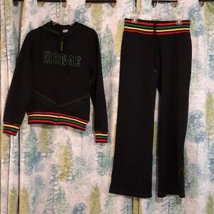 Monae' black track suit with red, yellow, green ..  reggae colors y2k tracksuit